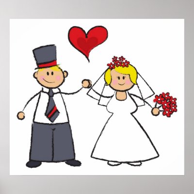 Cute Cartoon Wedding Couple Bride Groom Love Heart Posters
