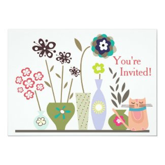 Cute Cat and Potted Flowers Baby Shower Invitation