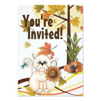 Cute Cat and Sunflower Autumn Birthday Invitation