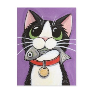 Cute Cat Eating A Fish Postcard postcard