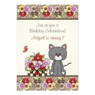 Cute Cat, Flowers and Butterflies Birthday Invite