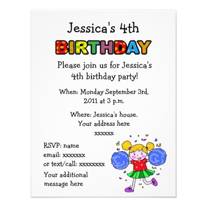 Cute cheerleader 4th birthday girl party personalized announcements