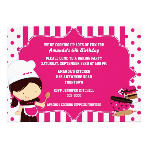 Cute Chef Girl's Cooking Birthday Party Invites