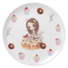 Cute chibi girl sitting on a delicous cinnamon bun party plate