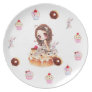 Cute chibi girl sitting on a delicous cinnamon bun party plate