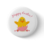 Cute chicken sitting in a broken eggshell button