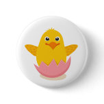 Cute chicken sitting in a broken eggshell button