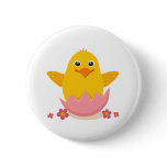 Cute chicken sitting in a broken eggshell button