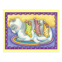 Cute Christmas Cat Sleeping with Mice in Stockings Post Card