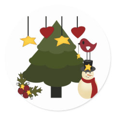 Cute Christmas Holidays Tree Snowman Stars Bird Round Sticker