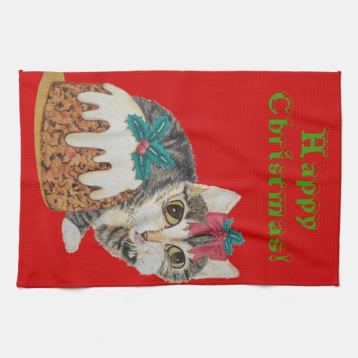 cute Christmas kitten art and cream Kitchen Towels Zazzle