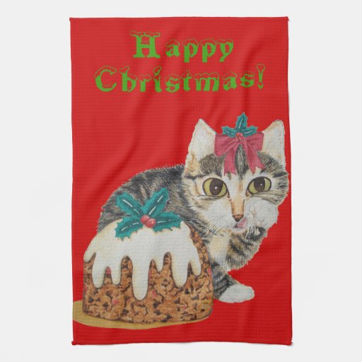 cute Christmas kitten art and cream Kitchen Towels Zazzle