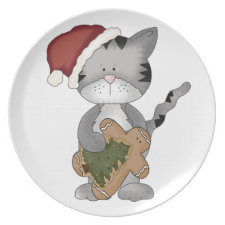 Cute Christmas Kitty-Gingerbread Man+Santa Hat Plate