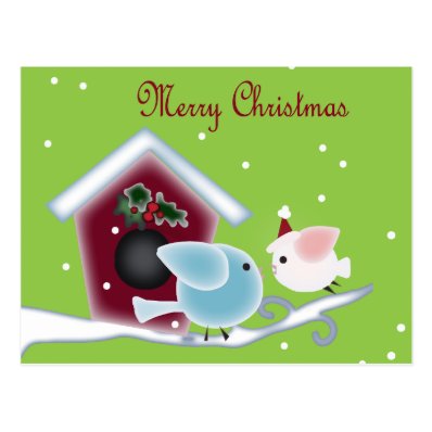 Cute Christmas mistletoe Kissing birds Post Card