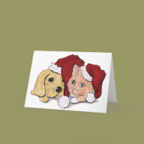 Cute Christmas Puppy and Kitten in Santa Hats cards