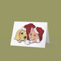 Cute Christmas Puppy and Kitten in Santa Hats cards