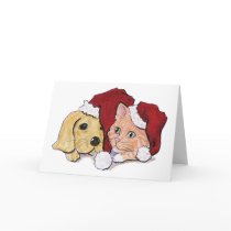 Cute Christmas Puppy and Kitten in Santa Hats Greeting Card