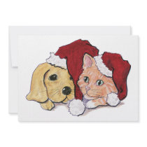 Cute Christmas Puppy and Kitten in Santa Hats Invitation