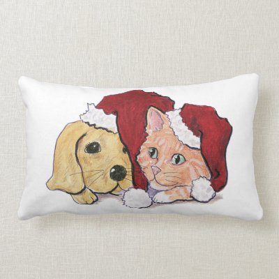 Cute Christmas Puppy and Kitten in Santa Hats Pillows Mojo_throwpillow Cute Christmas Puppy and Kitten in Santa Hats Pillows Mojo_throwpillow