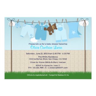 Cute Clothesline Baby Boy Modern Baby Shower Custom Announcements