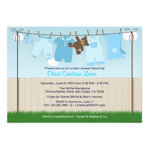 Cute Clothesline Baby Boy Modern Baby Shower Custom Announcements (front side)