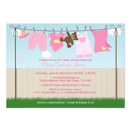 Cute Clothesline Baby Girl Modern Baby Shower Custom Announcement
