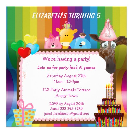Cute & Colorful Animals Girls Birthday Party Announcements