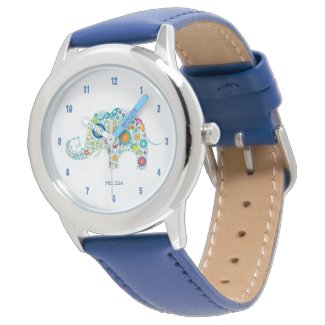 Cute Colorful Floral Elephant Illustration Wrist Watch