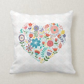 Cute Colorful Floral Heart Illustration Throw Pillow