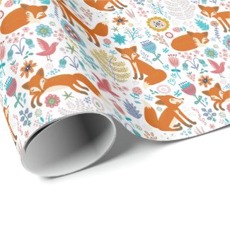 Cute Colorful Foxes Flowers And Birds Pattern Wrapping Paper