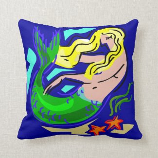 Cute Colorful Mermaid Dreams on Blue Throw Pillows