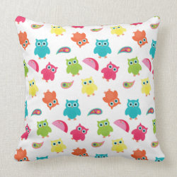 Cute Colorful Owl and Paisley Pattern Design Throw Pillows