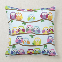 Cute Colorful Owl Branch Pattern Throw Pillows