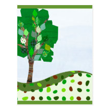 Cute Colorful  Patchwork Tree and Green Hills Post Card
