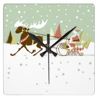 Cute Colorful Santa & Reindeer Illustration Square Wallclocks