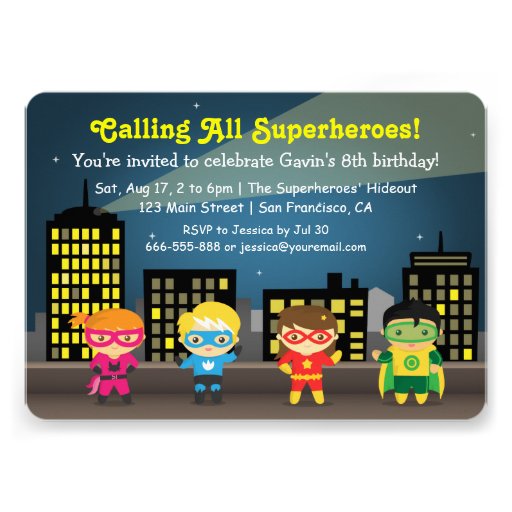 Cute Colourful Superhero Birthday Party For Kids Invitation (front side)