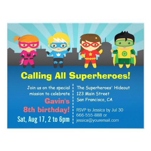 Cute Colourful Superhero Birthday Party Personalized Invitations (front side)
