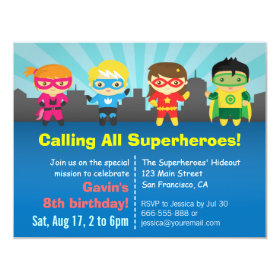 Cute Colourful Superhero Birthday Party 4.25x5.5 Paper Invitation Card