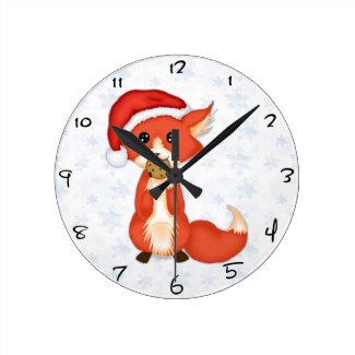 Cute Cookie Fox Wearing A Santa Hat Round Wall Clock