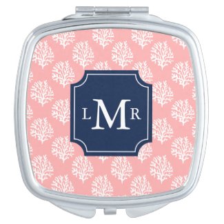 Cute Coral Pattern and Blue Monogram Travel Mirror