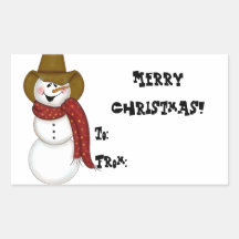 Cute Cowboy Snowman Gift Tag Rectangle Sticker