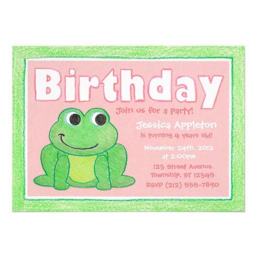 Cute Crayon Frog Little Girl's Birthday Invitation (front side)