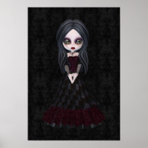 Cute & Creepy Goth Girl Black Damask Poster