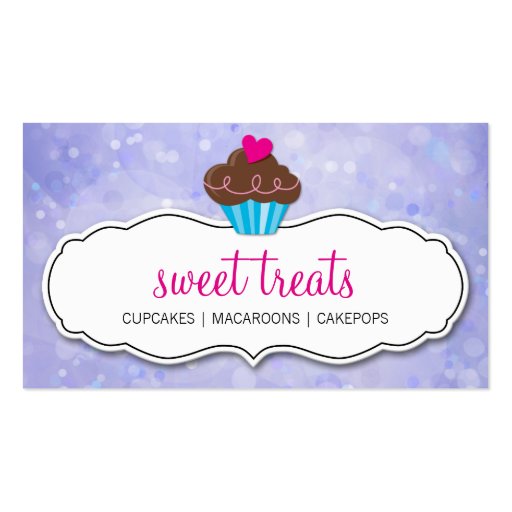 CUTE CUPCAKE whimsical bokeh pattern purple Business Card (front side)