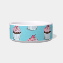 Cute Cupcakes on Blue Background Cat Bowl