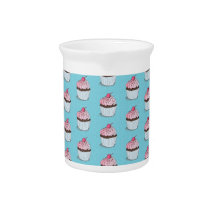 Cute Cupcakes on Blue Background Drink Pitcher