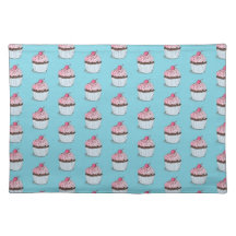 Cute Cupcakes on Blue Background Place Mats