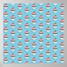 Cute Cupcakes on Blue Background Print