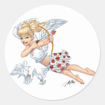 angel, cupid, blonde, roses, red, heart, arrow, birds, doves, cherub, al rio, angels, Sticker with custom graphic design