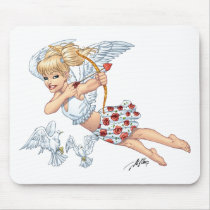 angel, cupid, blonde, roses, red, heart, arrow, birds, doves, cherub, al rio, angels, Musemåtte med brugerdefineret grafisk design